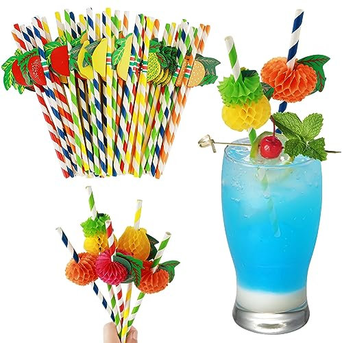 Paille Carton 50 Pièces Pailles à Cocktail en Papier Coloré 3D Pour Fête d'été Fête Hawaïenne Tropicale Décoration de Cocktail