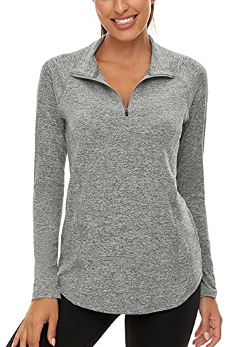 Akiooue Womens Running Top, Ladies Long Sleeve Golf Polo Shirts Womens Sports Pullover Casual Workout Fitness Tops 1/4 Zip Up Stand Collared Sport Top Women Hiking Cycling Tops Grey