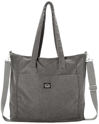 VASCHY Bolso Grande Mujer Universidad, Tote Bag Cremallera de Pana - Bolso para Ordenador Portátil, Trabajo y Viaje, Gris