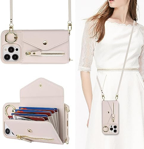 SailorTech iPhone 14 Pro Max Case with Zipper Credit Card Holder for Women, Leather Case Ring Stand with Card Slots Kickstand Wallet Crossbody - Beige