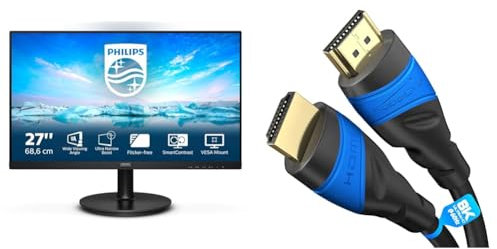 PHILIPS 271V8La - 27 Inch Fhd Monitor, 75Hz, 4Ms, Va, Speakers(1920 X 1080, 250 Cd/M2 & HDMI Cable 8K / 4K – 0.25m – with A.I.S Shielding – Designed in Germany (supports all HDMI devices like PS5/Xbox