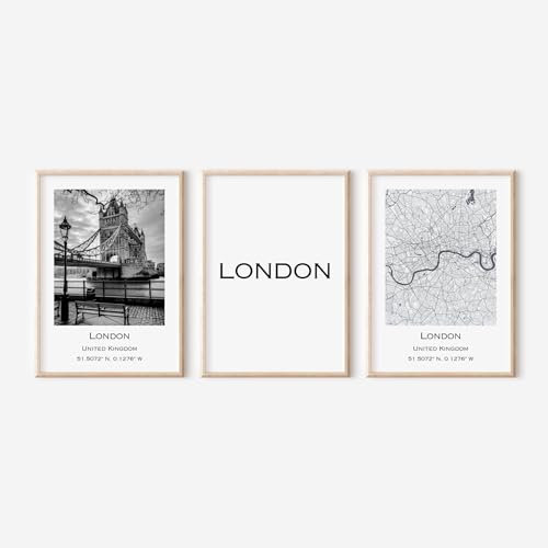 ZoeyAustin® 3er Poster Set, City Poster, Stadt Poster DIN A3 (30cm x 42cm), Minamalist Modern Wanddeko, Wohnzimmer Schlafzimmer Deko, Schwarz-Weiß (London)