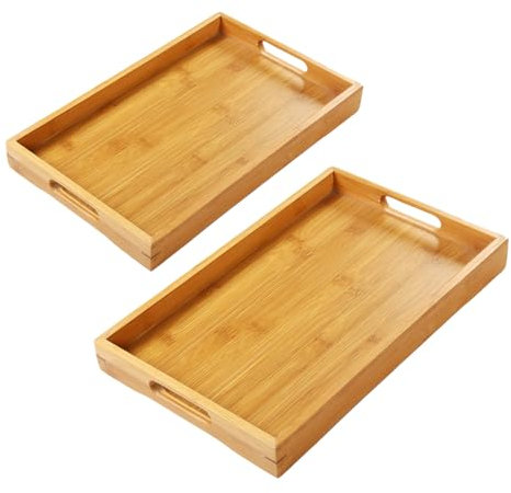 Set of 2 Wooden Serving Tray Rectangular Bamboo Tray with Handles Breakfast in Bed Food Serving Tray Serve Fruit Display Platters for Serving Coffee Tea (40 * 29 * 4.3cm & 35 * 25 * 4.3cm)
