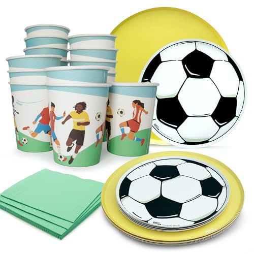 PARTY PARTY 68 Teile Fußball Party Set Gelb 16 Gäste, EM PARTYGESCHIRR Partybecher, Pappteller, Partyteller, Servietten, Geburtstag Fußball Deko Jungen Mädchen