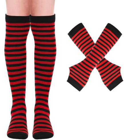 Mayoii Oberschenkelhohe Socken, fingerlose Handschuhe, Set, lange Socken für Damen und Mädchen, Arm- und Beinwärmer, Rote und schwarze Streifen, Einheitsgröße
