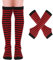 Mayoii Oberschenkelhohe Socken, fingerlose Handschuhe, Set, lange Socken für Damen und Mädchen, Arm- und Beinwärmer, Rote und schwarze Streifen, Einheitsgröße