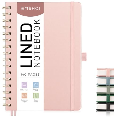EMSHOI A5 Notebook College Ruled, Spiral Notepad, 100gsm, HardCover Leather, Sticky Notes, Pocket, Pen Loop, Ruler, Bookmark, 140 Pages Lined Journal for Women Men Writing, 14.5 x 21cm, Rose Gold
