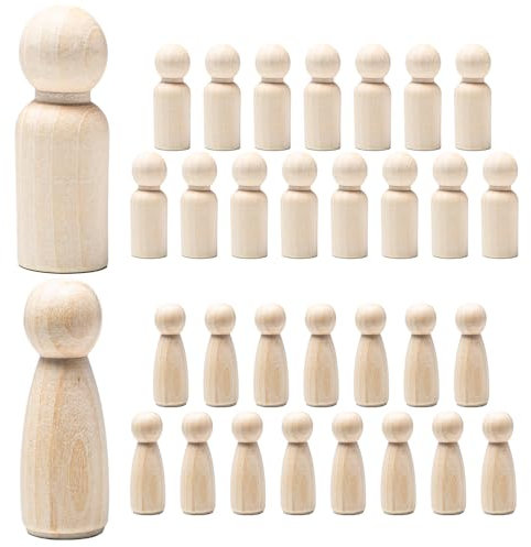 Sixfolo 30 Pcs Wooden Peg Dolls 65mm Natural Wooden Peg People Unfinished Wooden Figures Plain Blank Peg People Wood People Shapes Female Male for Kids DIY Craft and Decor