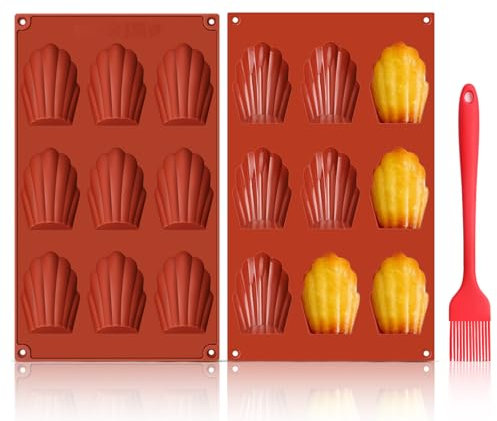 GlasFlength Moule Madeleine Silicone, Lot de 2 Moule a Madeleine 9 Cavités Moule Antiadhésif en Forme de Coquille avec Brosse en Silicone pour Biscuits Chocolat Bonbons Pudding Gâteau (Rouge Brique)