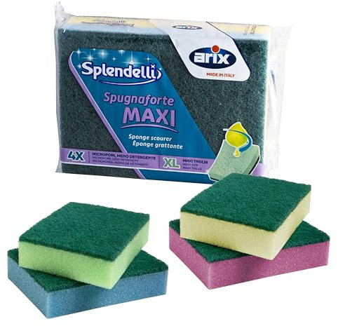 ARIX | 4 Spugne Sintetiche Abrasive Colorate della Linea Splendelli, Spugne Taglia XL Multiuso, Per Lo Sporco Più Ostinato, 4 Pezzi - Made In Italy