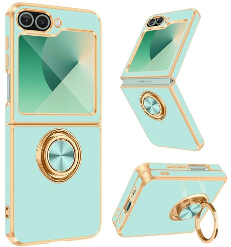 Fingic for Samsung Flip 6 Case [with 360° Rotatable Ring Holder][Support Magnetic Car Mount] Shiny Plating Gold Slim Fit Soft TPU Bumper Shockproof Case for Samsung Galaxy Z Flip 6,Mint Green