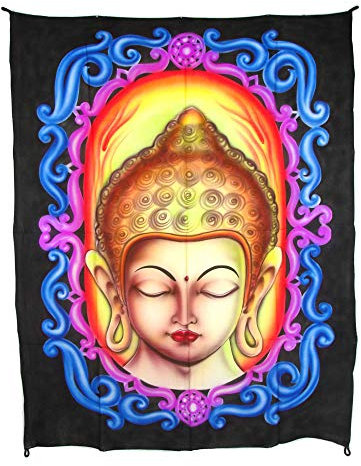 SAWA-ART Schwarzlicht Wandbehang Buddha - Kopf 0,90 x 1, 20 m Neon-Wand-Tuch Wandteppich Wanddeko Blacklight Partytuch Partydeko Psychedelic Uv-Tuch