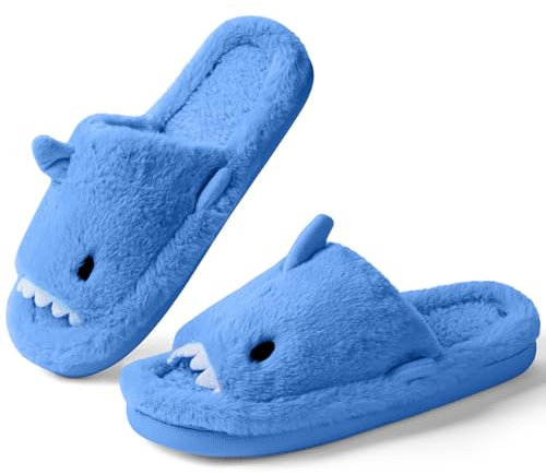 OFFCUP Zapatillas de Estar por Casa para Mujer, 42/43 EU Felpa Punta Abierta Chanclas Pantuflas, Lindo TiburónAntideslizante Pantufla Suaves de Peluche con Acogedora Espuma Interior y Exterior (Azul)