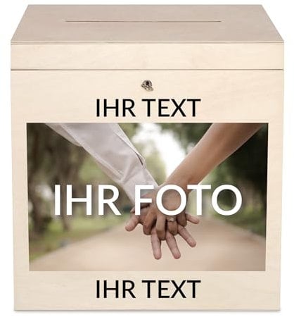 Creative Deco Kartenbox Hochzeit Personalisiert Holzkiste mit Deckel | 29 x 25 x 30 cm (+/- 0,5 cm) | Geldbox mit Wunschtext + Foto | Geldgeschenke Box Holzbox mit Schlitz Geschenkkarten Geldbox