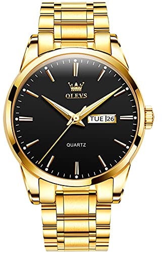 OLEVS Herrenuhren Goldene Schwarz Edelstahlarmband Quarz Uhr Männer mit Wochentag Datum Wasserdicht Leuchtende Klassische Elegantes Armbanduhr Geschenk