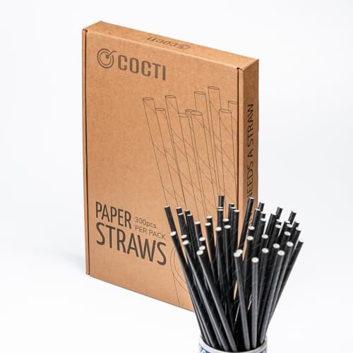 Cocti Paper Straws - Durable, Tasteless Drinking Straws for Parties, Events & Everyday Use - Biodegradable Alternative to Plastic - Sturdy Design That Won't Go Soggy – 200mm x 6mm, Black 300pcs.