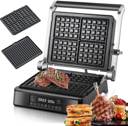 Parrilla Eléctrica Y Prensa Panini Sandwichera 3 En 1 con 5 Modos Automáticos, Placas con Revestimiento Antiadherente, Giro De 180°, Panel Táctil Led, Control De Temperatura De 230 ℃