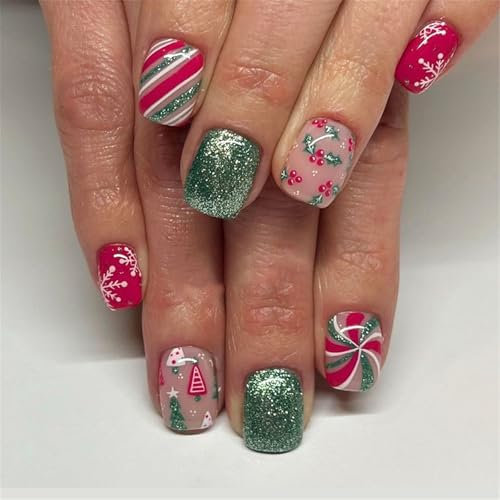 jiingekk Lot de 24 faux ongles à presser en forme de houx à coller sur les ongles verts brillants à coller sur les ongles