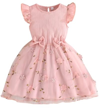 LUVCES Robe Princesse Fille Manches Longues/Courtes à Volants Tutu Robe Casual Motif Floral Tulle Robes pour Enfants Elegante Fête d'anniversaire Tenue sans Manches Fleurs Roses 2-3 Ans