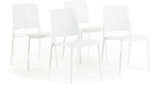 SIEDITI FUORI E DENTRO Stapelbare Stühle aus Polypropylen mit Glasfaser, wetterfeste Gartenstühle für außen oder innen, robust und pflegeleicht, modernes Design – Maria (4 Stühle, Weiß)