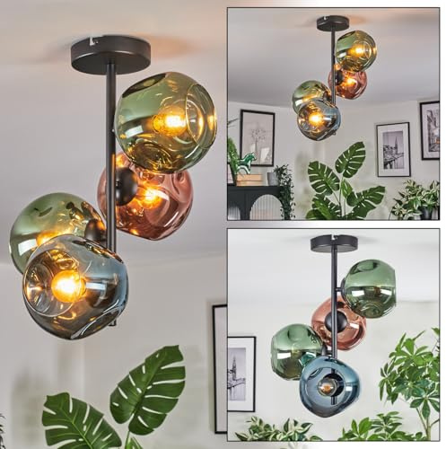 HOFSTEIN Deckenleuchte Ripoll, 4-flammige Deckenlampe aus Metall/Glas in Schwarz/Blau/Grün/Kupfer, Leuchte im Retro/Vintage-Design, Schirme Ø 15 cm, E14, Esszimmer, Wohnzimmer, Schlafzimmer, Küche