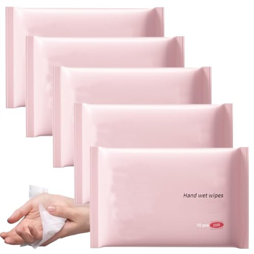 5Pack Luxury Individually Wrapped Portable Travel Hand Wet Wipes; 50 Count Sensitive Skin Hand and Face Wipes; Personal Cleansing Pocket Wipes for Travel,Restaurant,Office,Outdoors