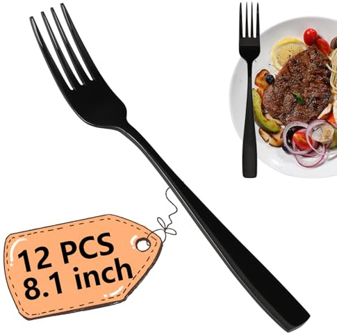 Afromy 12 Pieces Stainless Steel Table Fork Set, Flatware Dinner Forks, Black