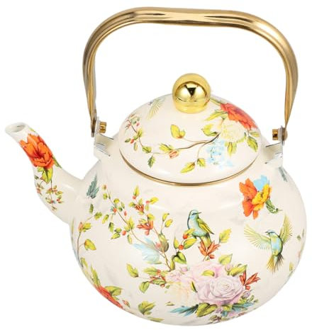 FONDOTIN Retro Enamel Tea Kettle for Stovetop Home Use Floral Handle Enamel Teapot Water Boiling Pot