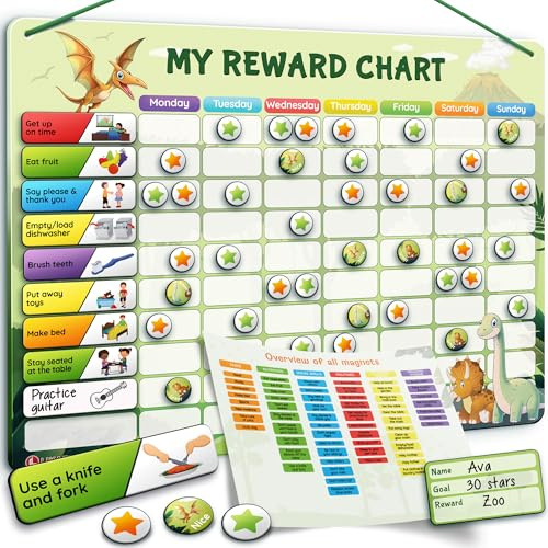 LIKARTO Magnetic Reward Chart for Children, 280 Magnets, Green | 60 task magnets, 9 blank, 180 stars, 30 bonus, for one or two children, suitable for Autism and ADHD