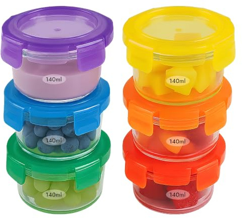 ARSUK Glass Baby Food Storage Containers (140 ml, 6PCS) - Small Glass Containers with Lids - Baby Weaning Freezer Pots - Ideal Storage for Snack Pots - BPA Free, Microwaveable