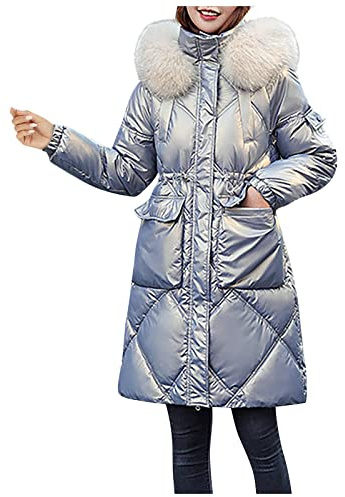 Generisch Daunenmantel Damen Winter Lang Glänzende Steppmantel Leicht Mit Kapuze Wintermantel Warm Fellkapuze Puffer Jacke Damen Glänzend Reflektierend Mit Reissverschluss Daunenjacke Thermo Dicke
