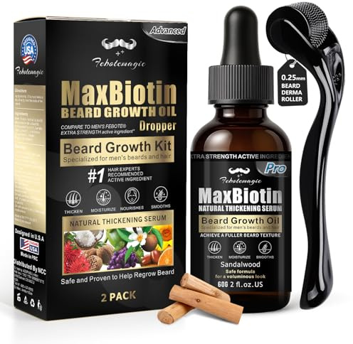 FEBOTE Biotin Beard Growth Kit for Men with Conditioning Oil and 0.25mm Massager Roller, Sandalwood Serum with Castor and Jojoba Oil, Grooming Softer Thicker Healthier-Looking Mustache Beard Care