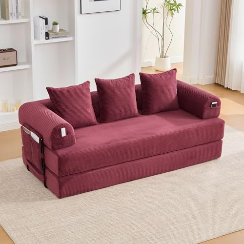 Arhatreya 3 Sitzer Sofa Klappsofa Modularer Couch mit 3 Kissen, 3er Sitzsofa mit Seitentaschen, Polstersofa für Wohnzimmer, Schlafzimmer, Wohnung, Corduroy, Rot