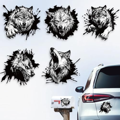Hobbspring 5 Stück Wolf Autoaufkleber Wilde Wolf Vinyl Auto Decals Kraftvolle Tierdesigns Plastik Fahrzeugdekoration Für Autofenster Und Karosserie Haftfolien 15,5cm x 14,8cm