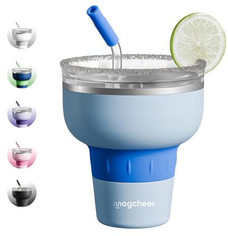 magcheer 500ml Copa Margarita Termica con Tapa y Pajita | Vaso de Cóctel de Acero Inoxidable | Diseño Apilable | Regalo Para Hombre y Mujere | Fiesta de Piscina y Vacaciones (Azul)