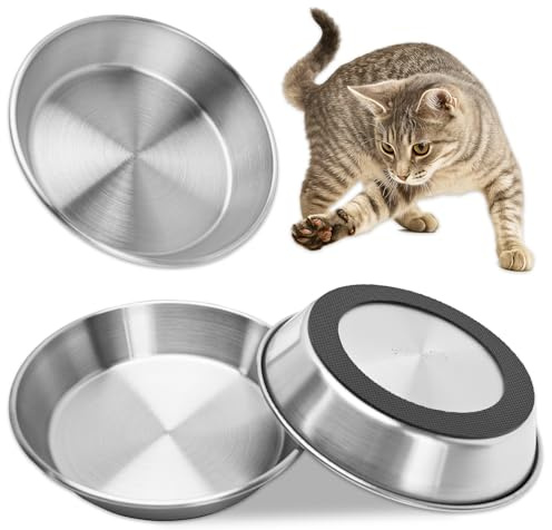 Cat Bowl Stainless Steel, Non-Slip Metal Cat Food Water Bowls, Pet Feeding Whisker Fatigue Shallow Dishes with Rubber Base for Kitten Small Dog 3 Pack