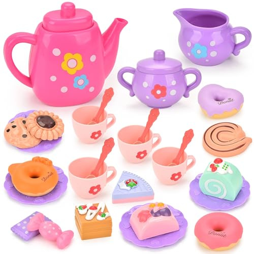 CHarmeFleur Kleinkind Tee Party Set Für Mädchen Ab 3 5 Jahren 23 Teiliges Spielzeug Tea Set Mit Teekanne Tassen Teller Und Desserts Perfekte Größe Für Kleine Hände
