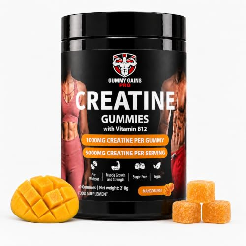 Creatine Gummies 5000mg, Mango | Micronised Creatine Monohydrate, Vegan, Sugar-Free, Vitamin B12, 60 Gummies