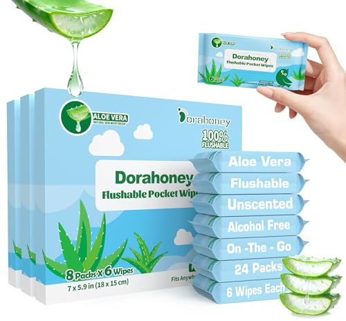 Dorahoney Lingettes Humides Jetables aux Toilettes, Format Voyage, à l’Aloe Vera, Lot de 24 (144 Lingettes au Total)