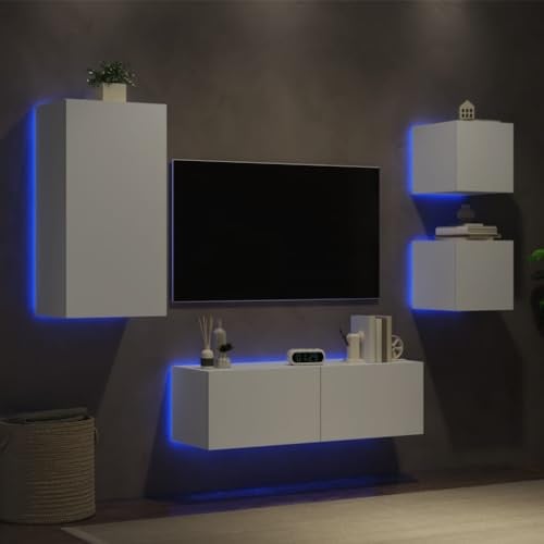 XHNIFBN 4-teilige TV-Wohnwand mit RGB-LED in Weiß aus Holzwerkstoff 100 x 35 cm Lowboard & Hängeschränke Modernes platzsparendes Wohnzimmermöbel-Set für kleine Räume