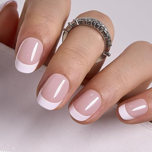 CurvLife Extra Short Oval French Tip Press On Nails, Classic Touch Round | 32PCS in 16 Sizes, Salon-Quality Fake Nails, Curved Fit, Glue-On Nails with 7-14 Day Wear, Reusable Stick-On Nails