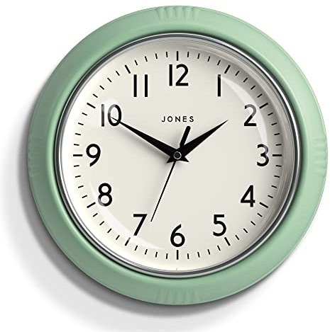 Jones Clocks® Ketchup wall clock | Retro round clock | 25cm | Neo mint green | Easy to read numbers | Perfect for kitchen or office