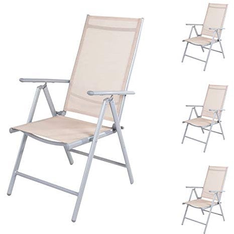 Mojawo 4er Set Gartenstuhl - Hochlehner 7-Fach verstellbar - zusammenklappbar - Klappstuhl - witterungsbeständiges Aluminium - wetterfeste Gartenmöbel - Silber/Beige