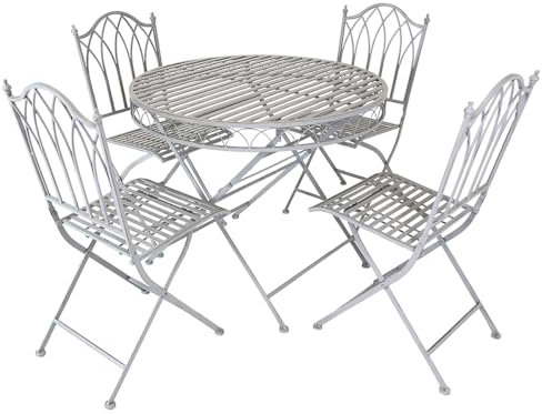 CHARLES BENTLEY Rustic 5 Piece Wrought Iron Bistro Set For Patio, Garden, Balcony, Stylish, Outdoor Furniture, Rustproof, 4 Person, Grey, 1 Circle Table, Lightweight, 4 Chairs (90x90x74.5cm)
