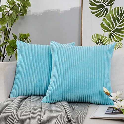 JUSPURBET Türkiser Cord-Kissenbezug, 61 x 61 cm, 2er-Set, für Couch, Bett, Sofa, Wohnzimmer, dekorativ, weich, einfarbig, quadratisch, gestreift, mit unsichtbarem Reißverschluss