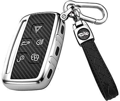 HIBEYO Coque de clé de Voiture pour Range Rover - Carbone TPU - pour Land Rover Sport Evoque Velar Discovery LR4 Jaguar XF XJ XE F Keyless 5 Boutons - Argent