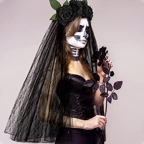E-More Halloween Stirnband mit schwarzem Spitzenschleier (Schwarz)