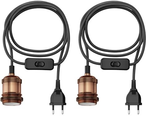 ledscom.de 2 Stück Textilkabel RETRA, Stecker, Schalter, bronze, 3 m, Lampen-Fassung, 1x E27 max. 60W