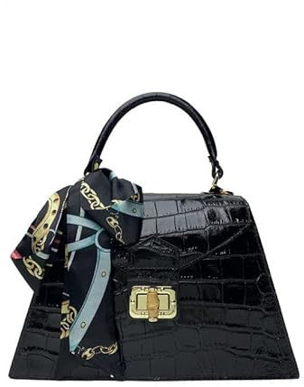 Generico Handtasche Made in Italy aus echtem Wildleder, Croco-Aufdruck, Schwarz