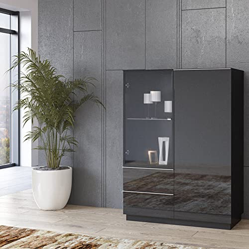 Lomadox Highboard Vitrine schwarz modern mit Glasfronten, B/H/T: ca. 100/136/48 cm